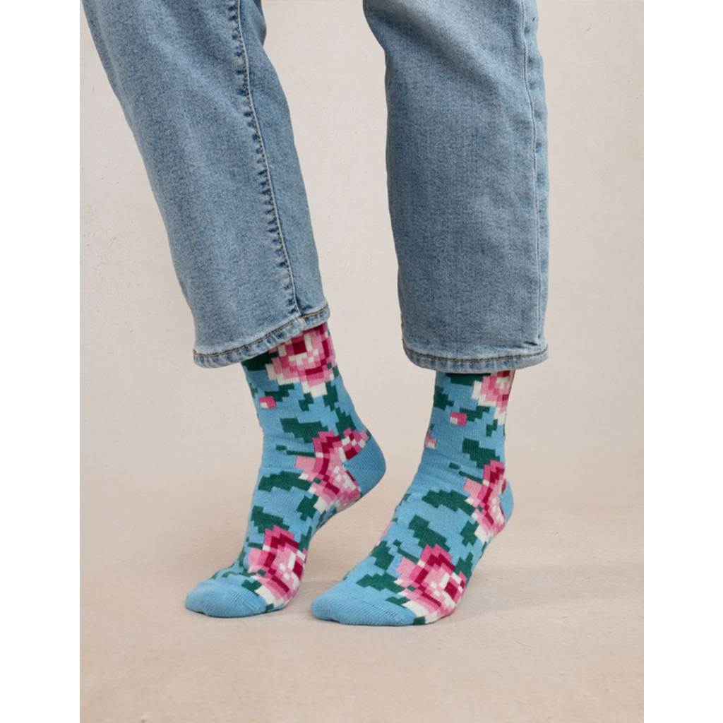 BLEU FORÊT BLEU FORET CHAUSSETTE CACHEMIRE FLEURS PIXELS BLEU GLACE