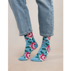 BLEU FORÊT BLEU FORET CHAUSSETTE CACHEMIRE FLEURS PIXELS BLEU GLACE