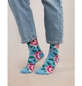 BLEU FORÊT BLEU FORET CHAUSSETTE CACHEMIRE FLEURS PIXELS BLEU GLACE