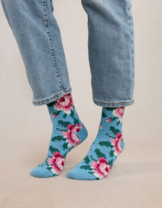 BLEU FORET CHAUSSETTE CACHEMIRE FLEURS PIXELS BLEU GLACE