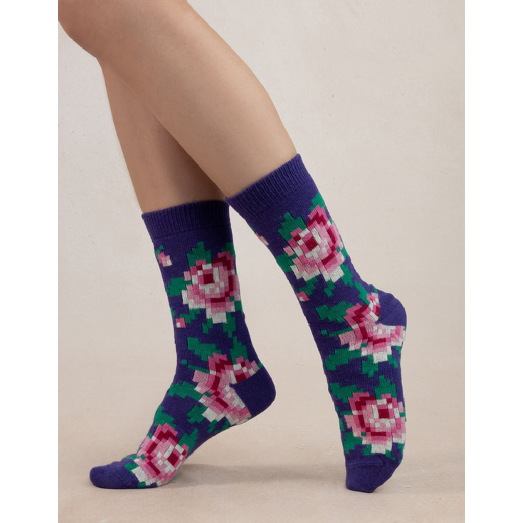 BLEU FORÊT BLEU FORET CHAUSSETTE CACHEMIRE FLEURS PIXELS VIOLET