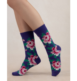 BLEU FORÊT BLEU FORET CHAUSSETTE CACHEMIRE FLEURS PIXELS VIOLET