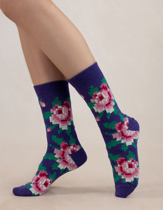 BLEU FORET CHAUSSETTE CACHEMIRE FLEURS PIXELS VIOLET