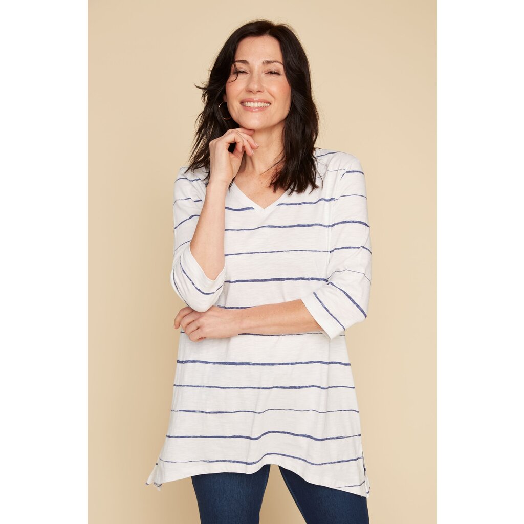 RENUAR RENUAR 25E TOP TRICOT MANCHES 3/4 RAYE BLUE JEAN