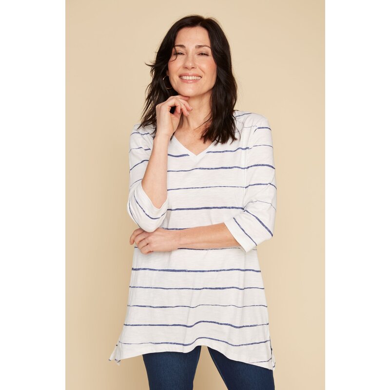 RENUAR RENUAR 25E TOP TRICOT MANCHES 3/4 RAYE BLUE JEAN