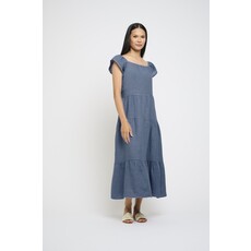 PISTACHE PISTACHE ROBE LONGUE VOLANTS ETAGES LIN AZURE BLUE