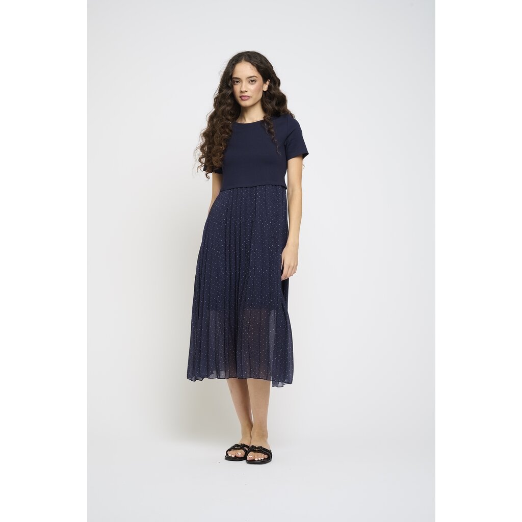 PISTACHE PISTACHE ROBE LONGUE PLISSEE LIN NAVY POLKA DOT