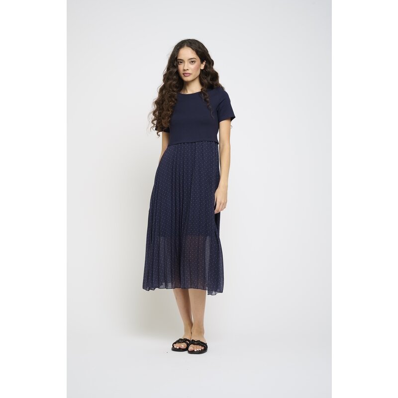 PISTACHE PISTACHE ROBE LONGUE PLISSEE LIN NAVY POLKA DOT