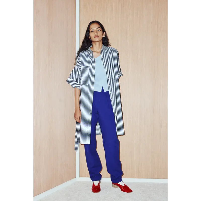 EVE GRAVEL EVE GRAVEL 25E ROBE CAYUNA BOUTONNIERE RAYEE MARINE/CREME