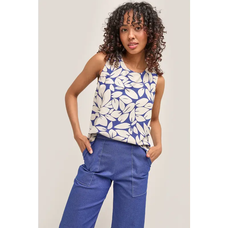 MARIGOLD 25E MARIGOLD TOP S MANCHES IRIS FLEURS BLEU/BLANC