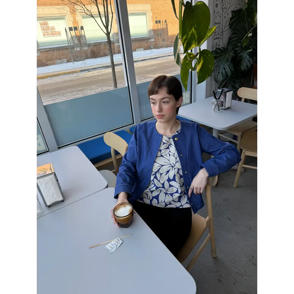 MARIGOLD 25E MARIGOLD TOP S MANCHES IRIS FLEURS BLEU/BLANC