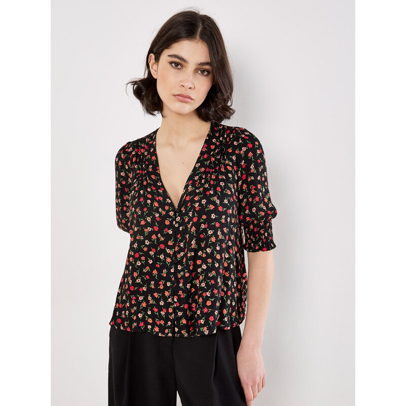 APRICOT APRICOT 25H BLOUSE CROP COL V NOIR FLEURS MULTI