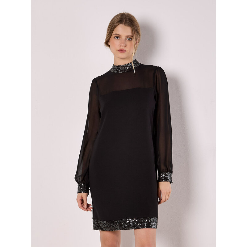 APRICOT APRICOT 25H ROBE COURTE DUO COL/OURLETS SEQUINS NOIR