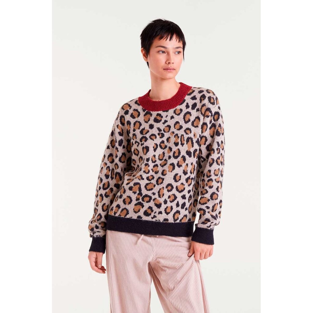 COMPANIA FANTASTICA COMPANIA 25H PULL JACQUARD LEOPARD BRUN COL ROUGE