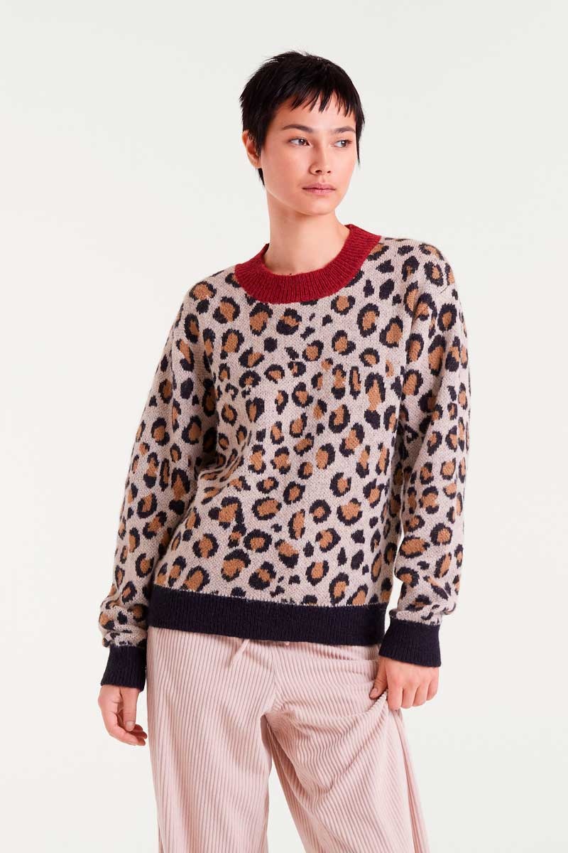 COMPANIA 25H PULL JACQUARD LEOPARD BRUN COL ROUGE