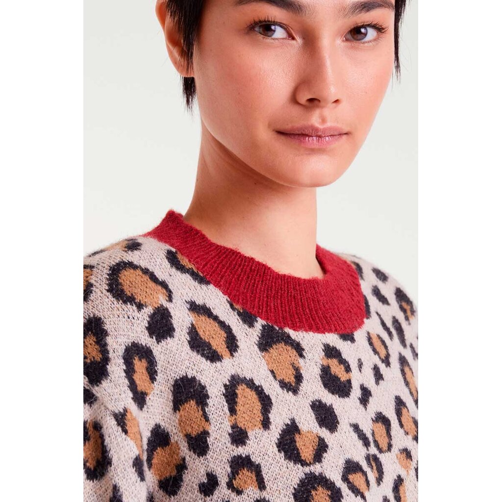 COMPANIA FANTASTICA COMPANIA 25H PULL JACQUARD LEOPARD BRUN COL ROUGE