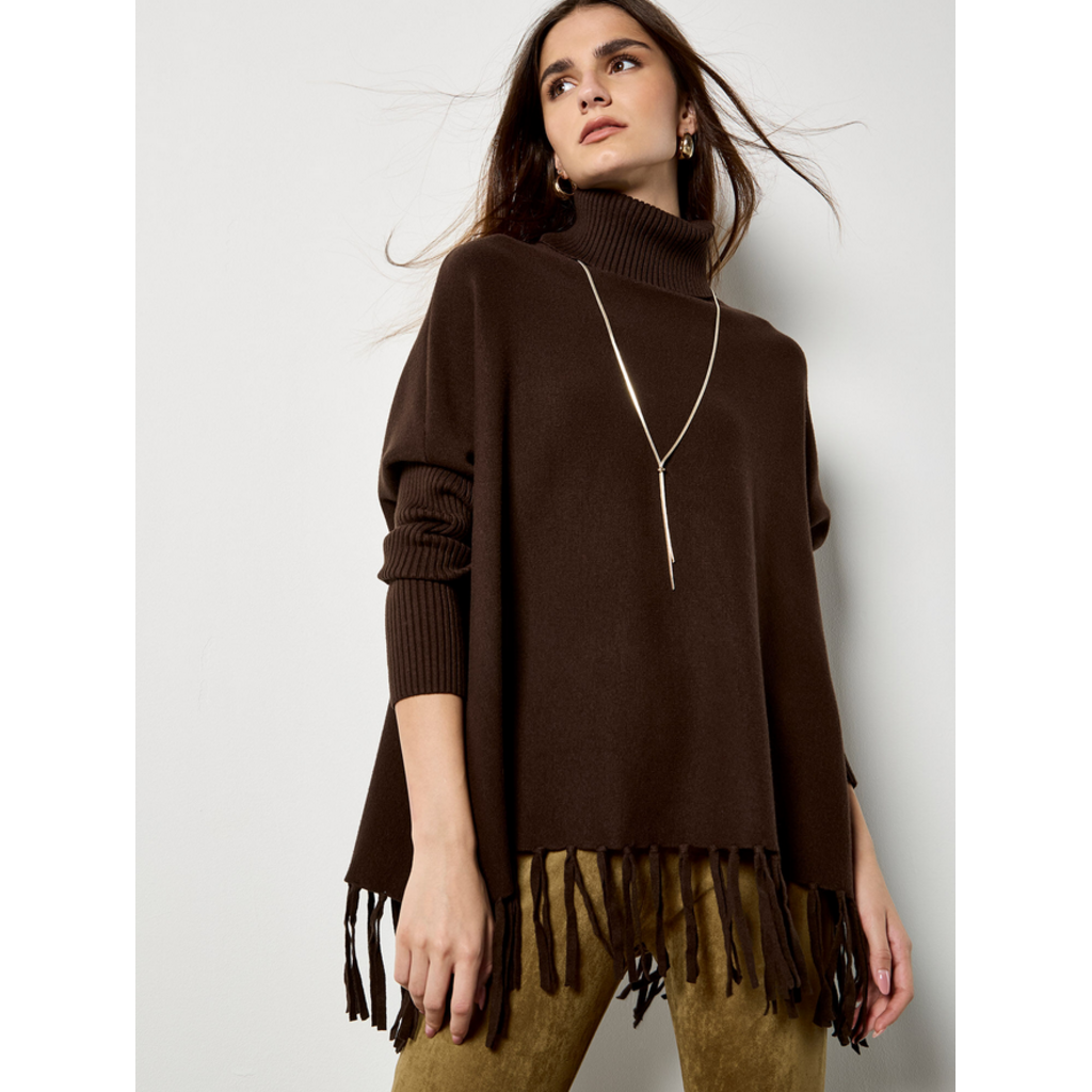 APRICOT 25H PULL PONCHO COL ROULE FRANGES BRUN Boutique Nomade