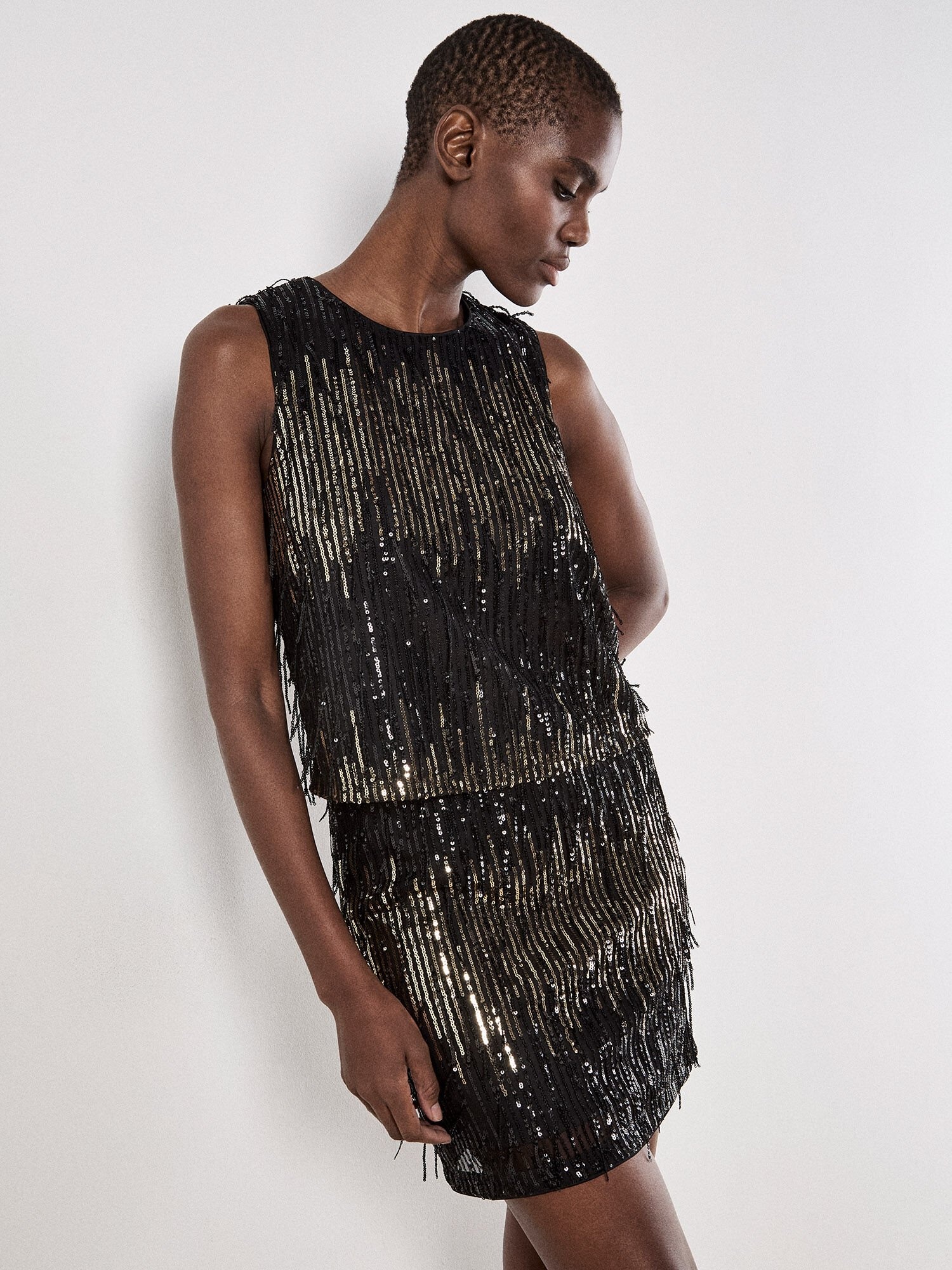 APRICOT 25H TOP S MANCHES FRANGES SEQUINS NOIR