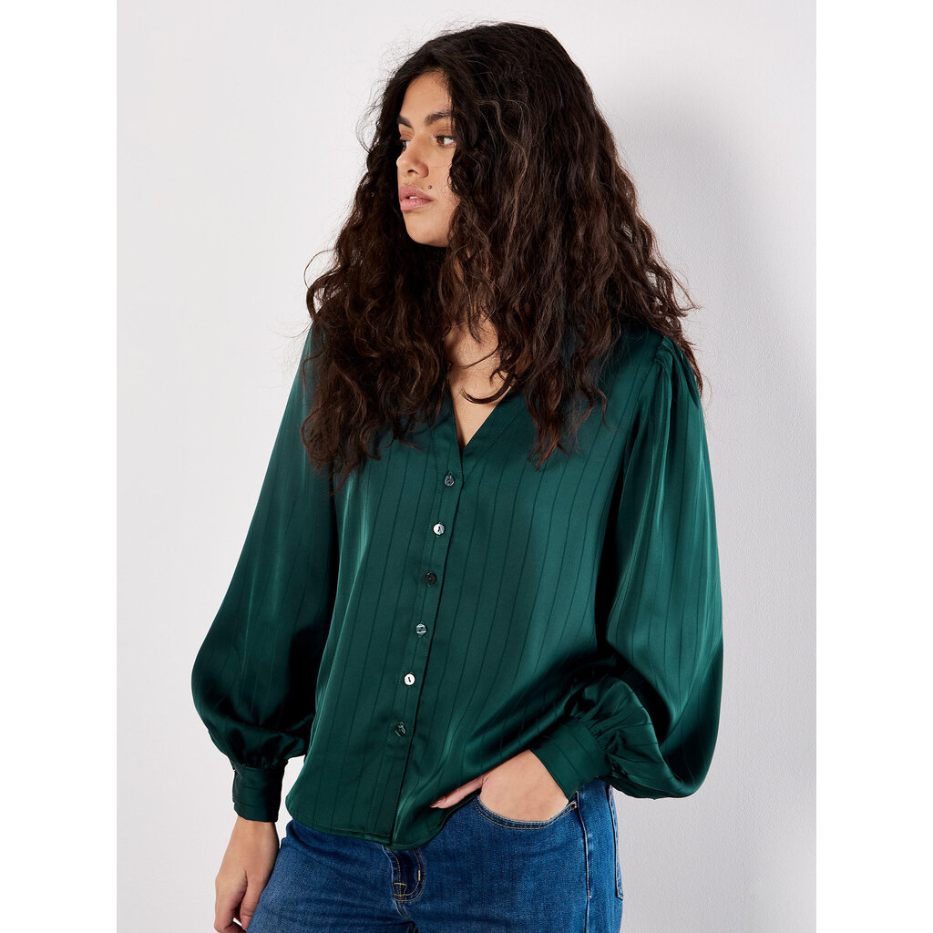 APRICOT APRICOT 25H SATIN STRIPE OPEN COLAR BLOUSE GREEN