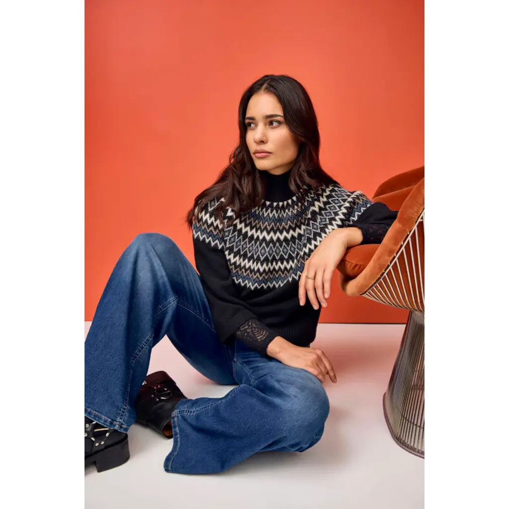 JENSEN 25H PULL TRICOT MOCK NECK MOTIFS GEO NOIR