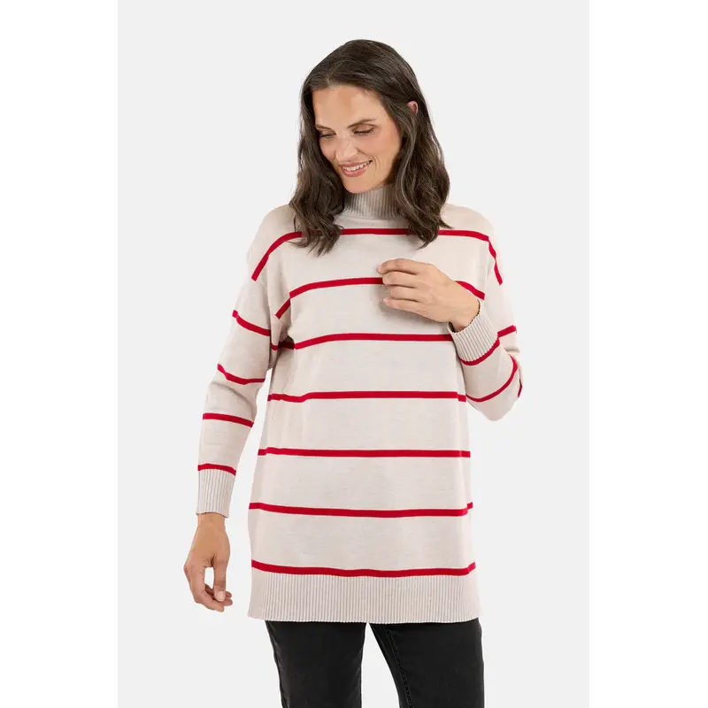 JENSEN 25H PULL COL MONTANT LIGNE BEIGE/ROUGE