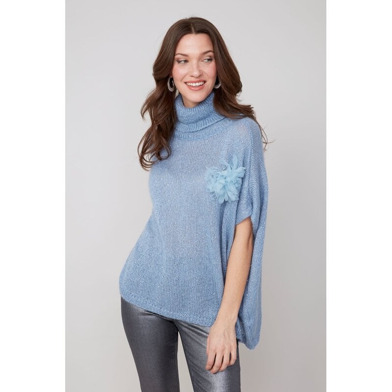 RENUAR RENUAR 25H PULL TRICOT CARRE COL ROULE BRILLANT BLEU