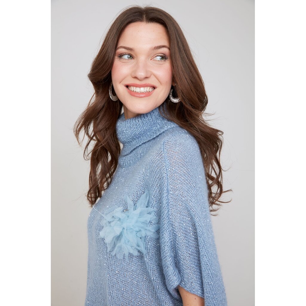 RENUAR RENUAR 25H PULL TRICOT CARRE COL ROULE BRILLANT BLEU