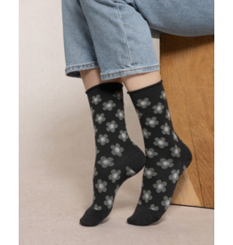 BLEU FORÊT BLEU FORET CHAUSSETTE LAINE FINE FLEURS NOIR