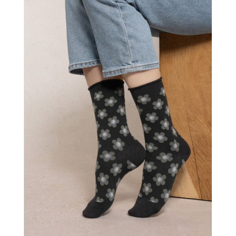 BLEU FORÊT BLEU FORET CHAUSSETTE LAINE FINE FLEURS NOIR