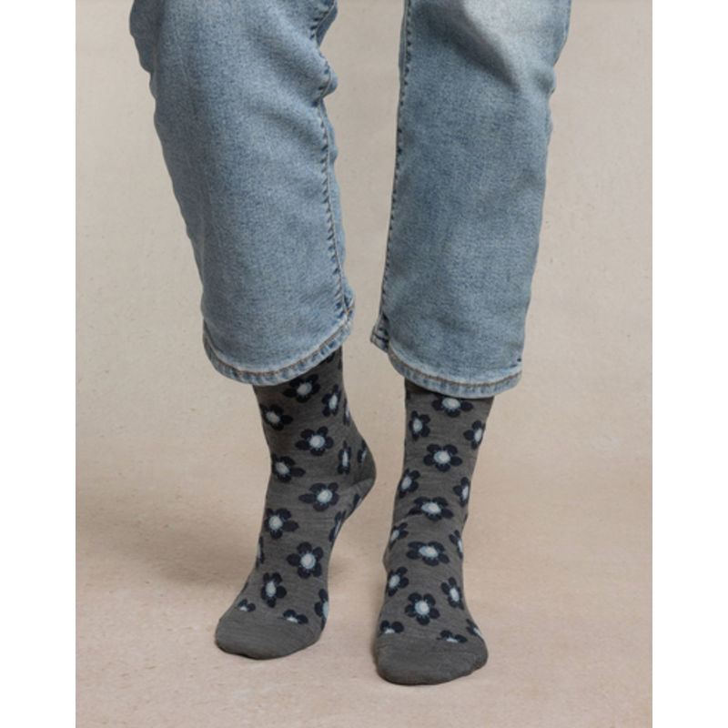 BLEU FORÊT BLEU FORET CHAUSSETTE LAINE FINE FLEURS GRIS FLANELLE