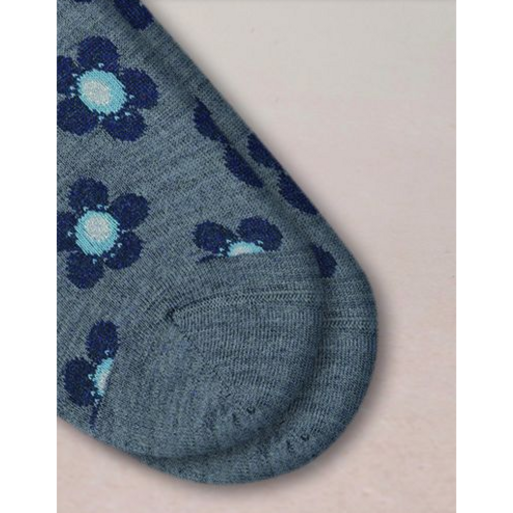 BLEU FORÊT BLEU FORET CHAUSSETTE LAINE FINE FLEURS GRIS FLANELLE