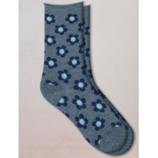 BLEU FORÊT BLEU FORET CHAUSSETTE LAINE FINE FLEURS GRIS FLANELLE