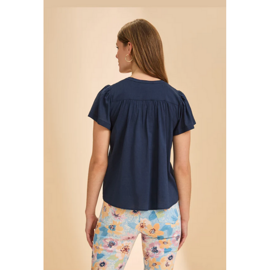 FDJ FDJ 26E 7044348 FLUTTER SLEEVE VNECK BLOUSE NAVY