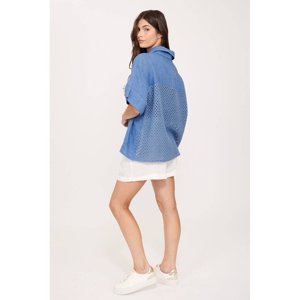 PISTACHE PISTACHE 26E BLOUSE DOS EN TRICOT AJOURE OCEAN BLUE