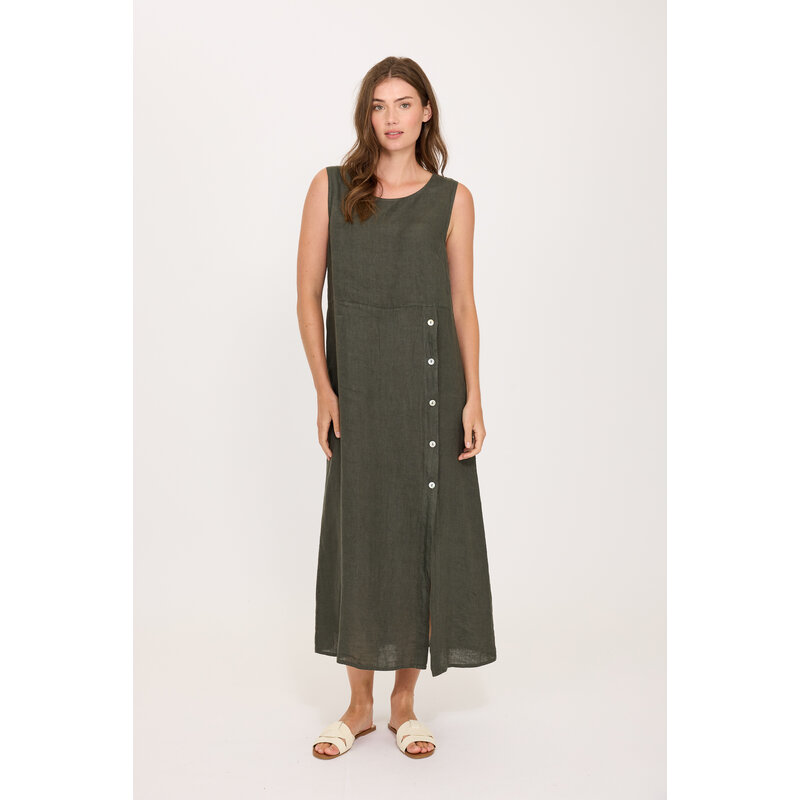 PISTACHE PISTACHE 26E ROBE S MANCHE BOUTONS LIN VERT MILITAIRE