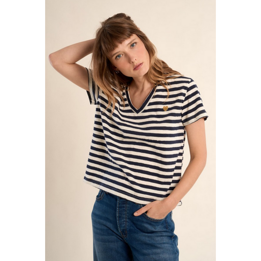 MOLLY BRACKEN MOLLY BRACKEN 26E TSHIRT COL V RAYURES NAVY/CREME