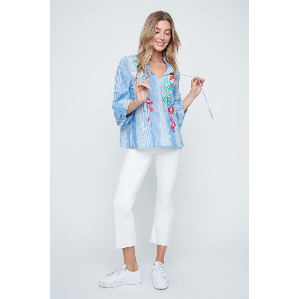 RENUAR RENUAR 26E BLOUSE M TROMPETTE BRODERIE BLUE COMBO