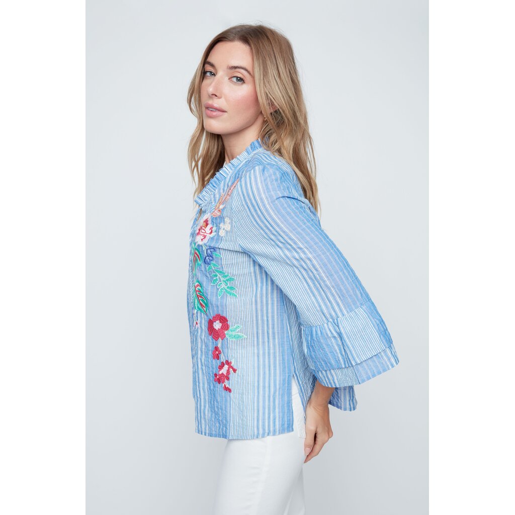 RENUAR RENUAR 26E BLOUSE M TROMPETTE BRODERIE BLUE COMBO