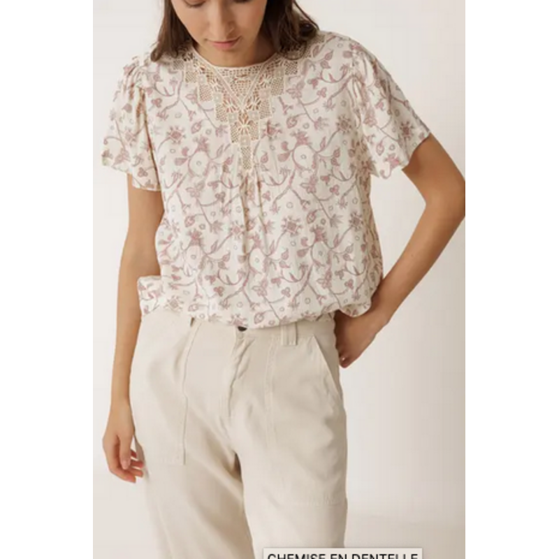 INDI AND COLD INDI AND COLD 26E TOP COL DENTELLE FLORAL ECRU/ROSE