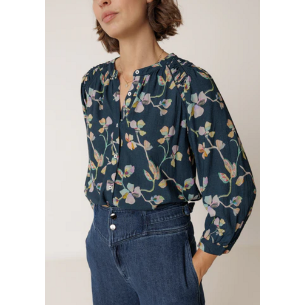 INDI AND COLD INDI AND COLD 26E BLOUSE EPAULES RELIEF FLEURS NAVY