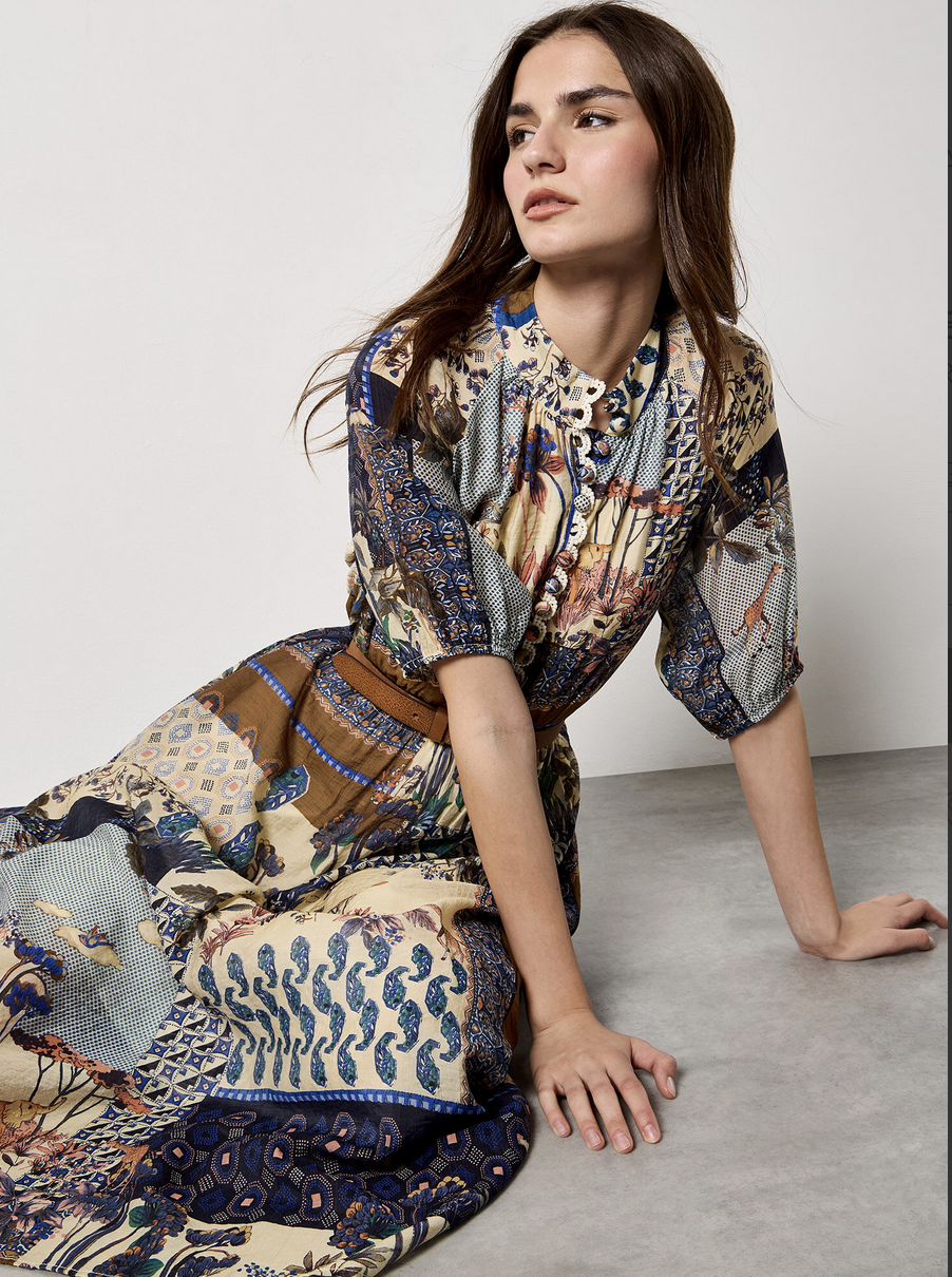APRICOT APRICOT 26E ROBE PATCHWORK MIDI NAVY