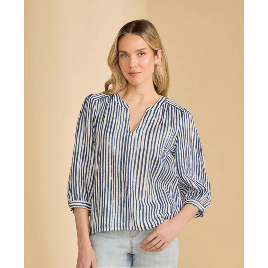 FDJ FDJ 26E 7378205 STRIPE POPOVER BLOUSE NAVY/WHITE
