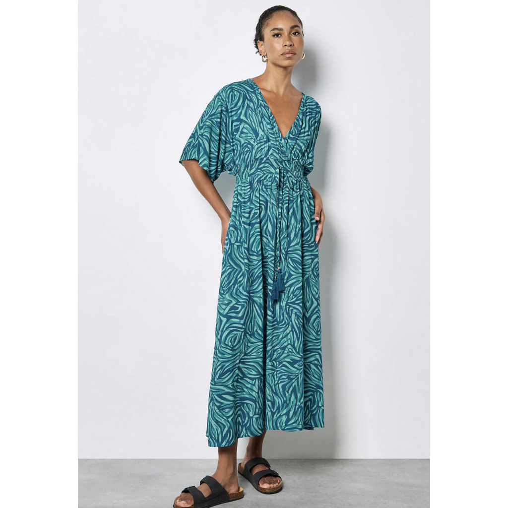 APRICOT APRICOT ROBE ZEBRA SWIRL TASSEL KIMONO MAXI TEAL