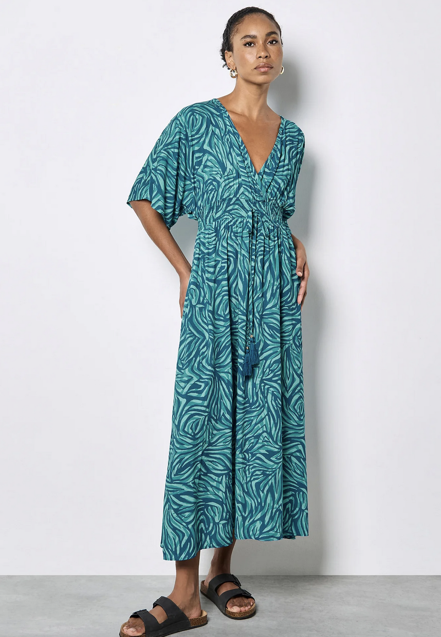 APRICOT APRICOT ROBE ZEBRA SWIRL TASSEL KIMONO MAXI TEAL
