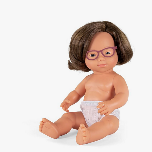 MINILAND BABY DOLL CAUCASIAN GIRL WITH DOWN SYNDROME AND GLASSES-15"