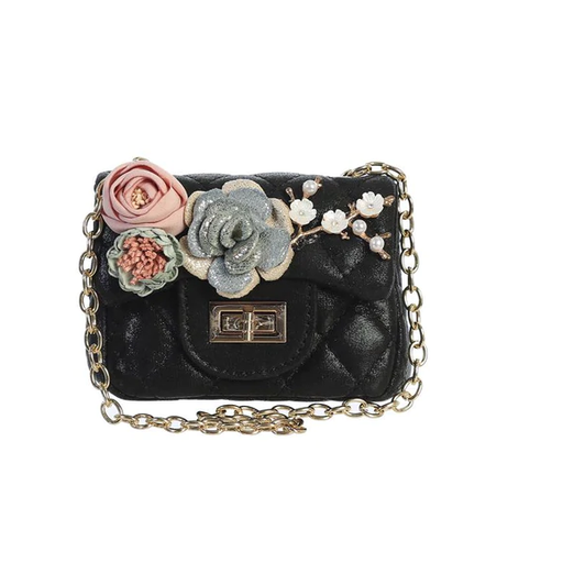 Metallic Mini Purse With Flowers - Black