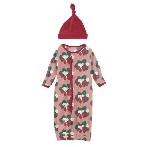KICKEE PANTS PRINT RUFFLE LAYETTE GOWN  CONVERTER AND SINGLE KNOT HAT SET