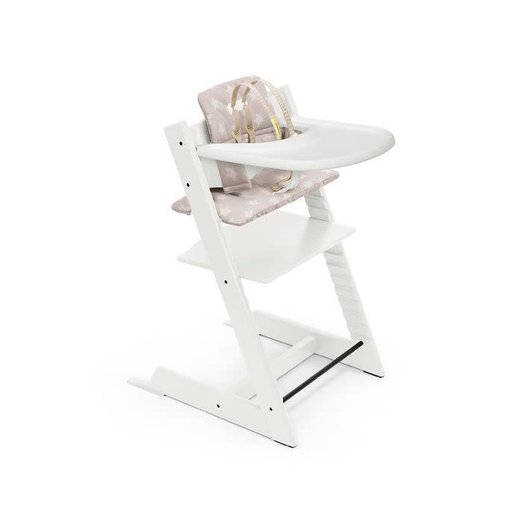 STOKKE TRIPP TRAPP HIGH CHAIR COMPLETE WHITE WITH SILVER STARS CUSHION AND TRAY