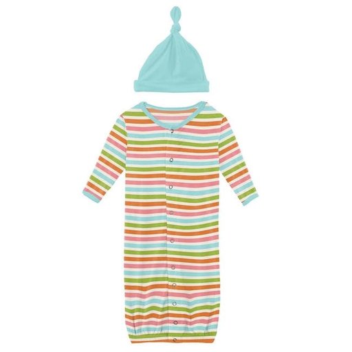 KICKEE PANTS PRINT LAYETTE GOWN CONVERTER AND SINGLE KNOT HAT SET IN BEACH DAY STRIPE