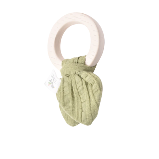 TIKIRI Organic Natural Rubber Teething Ring With Olive Green Muslin  Tie